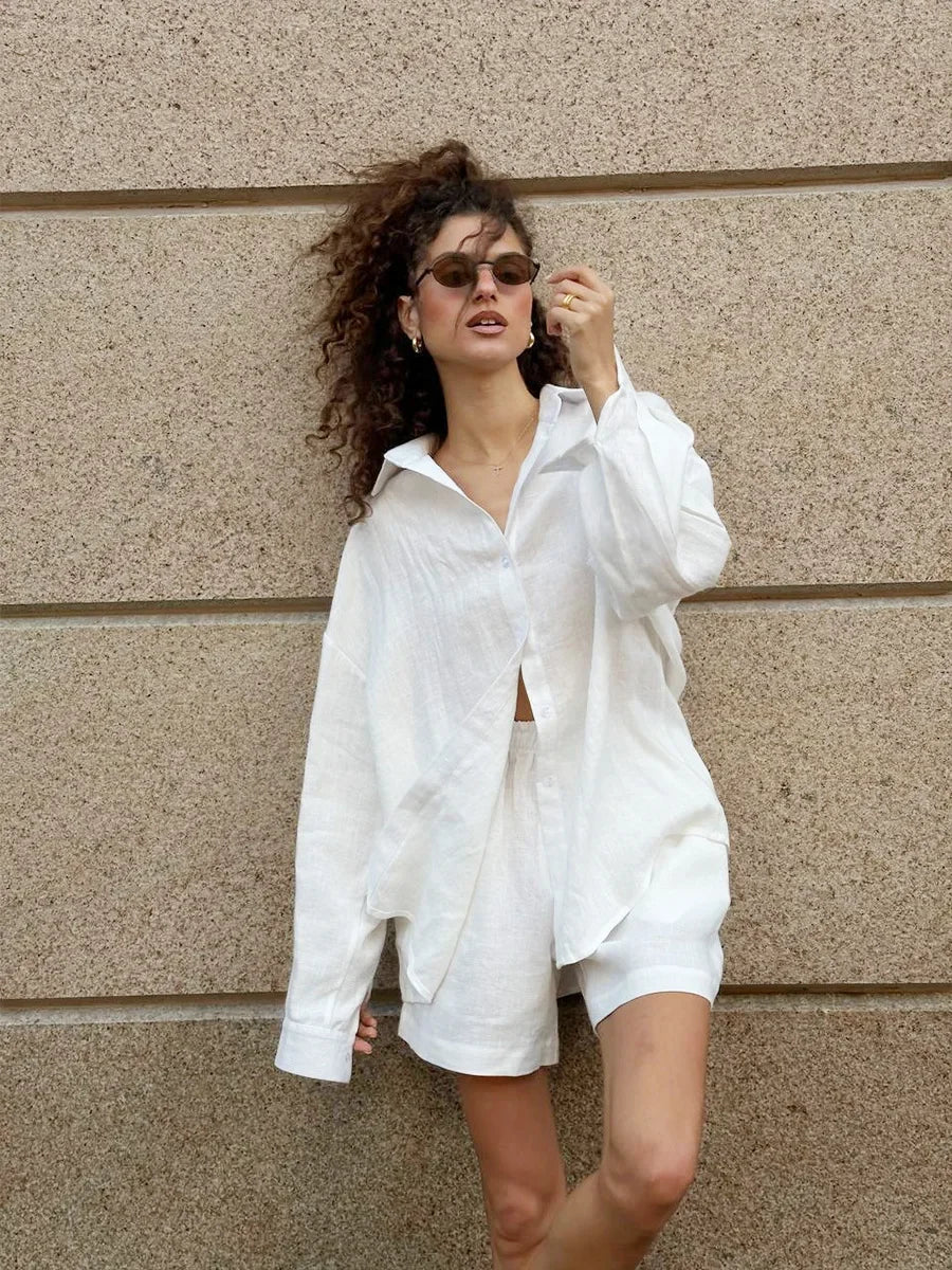 Conjunto de shorts de algodão feminino – Conjunto casual de verão de duas peças.