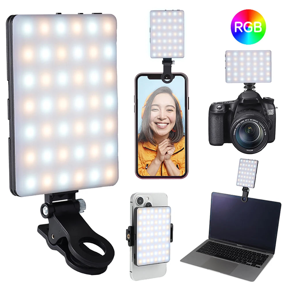 Mini clipe de luz de preenchimento LED RGB – Iluminação compacta para vlogs, selfies e vídeos.