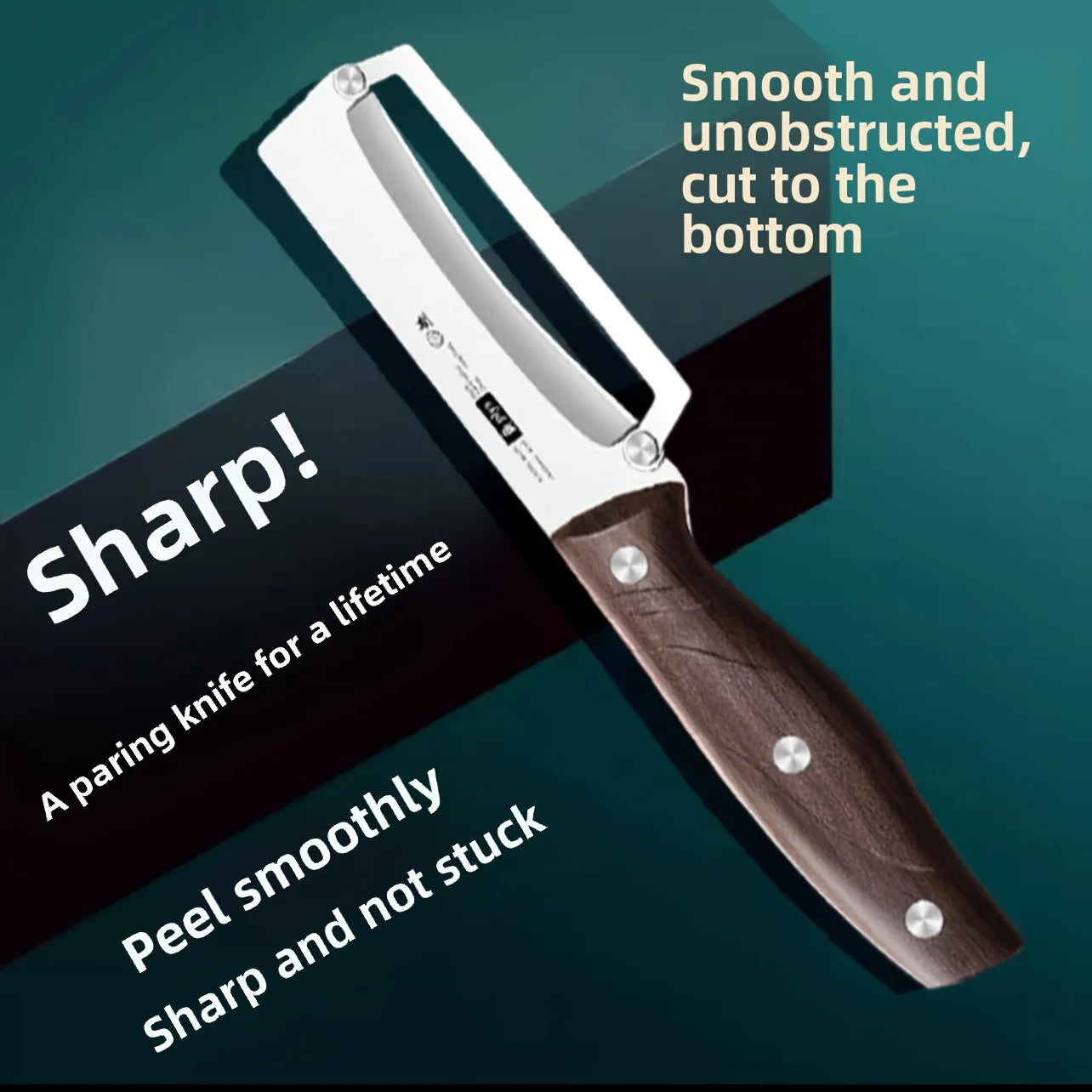 Descascador de frutas e vegetais de aço inoxidável com cabo de madeira.