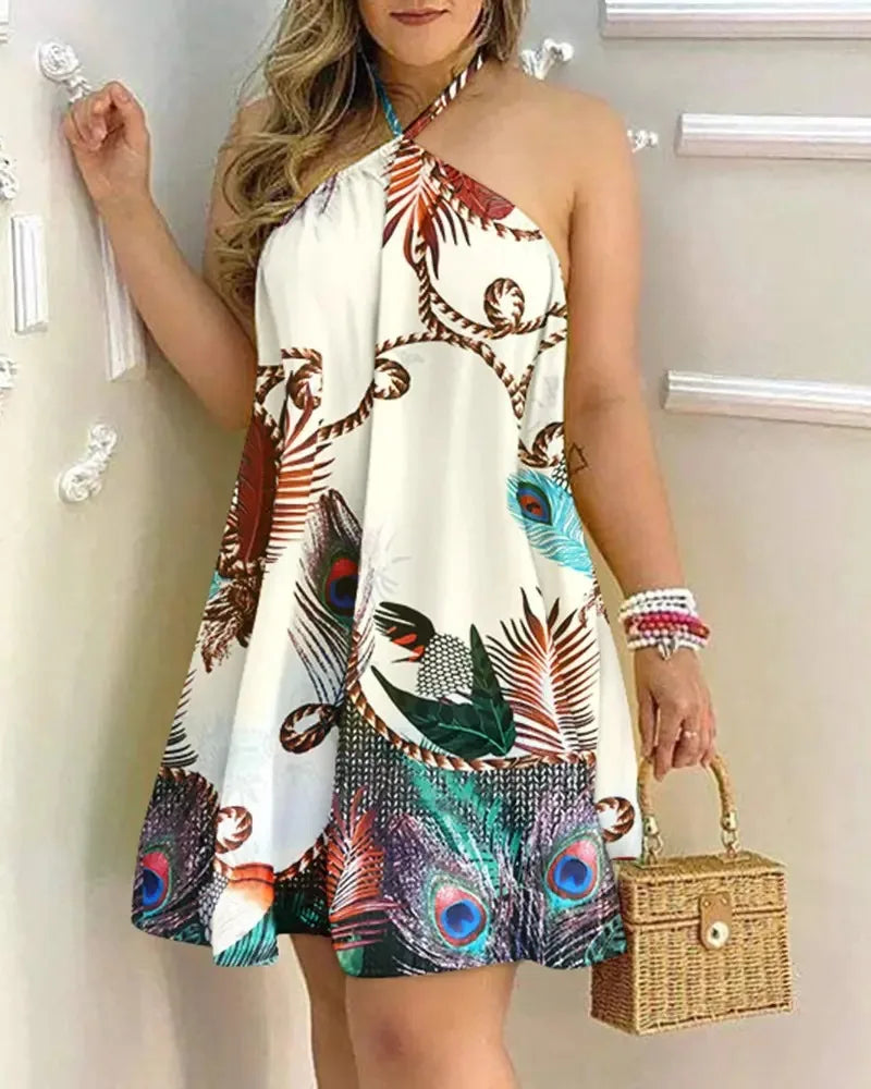 Vestido Tropical Primavera/Verão – Look Feminino de Festa com Decote Halter