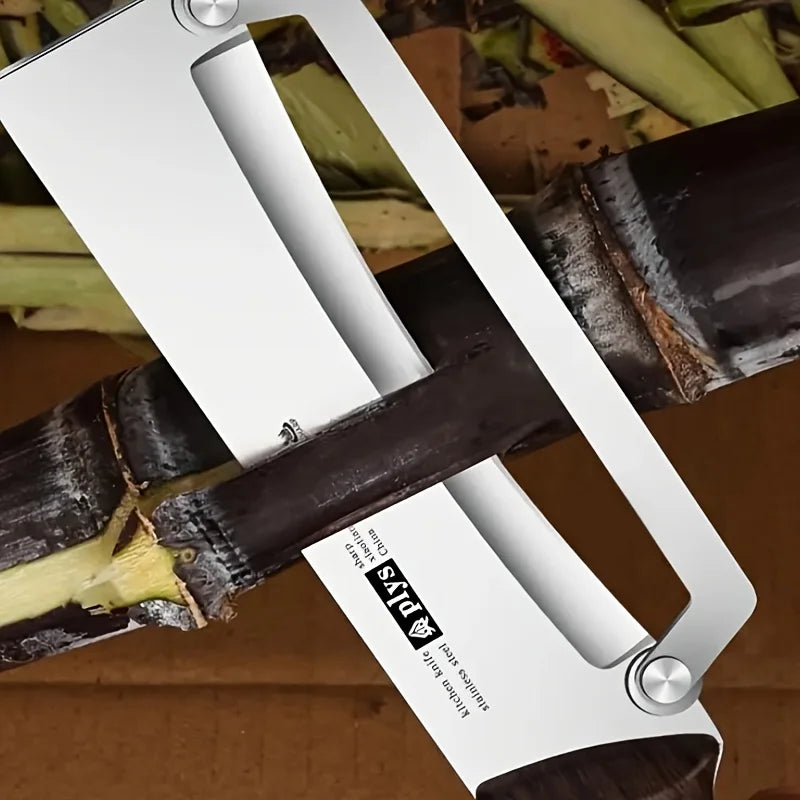 Descascador de frutas e vegetais de aço inoxidável com cabo de madeira.