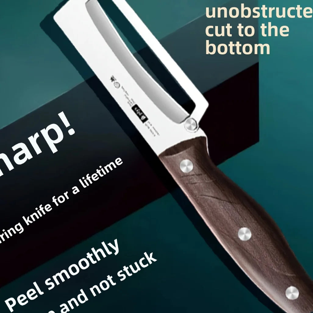 Descascador de frutas e vegetais de aço inoxidável com cabo de madeira.