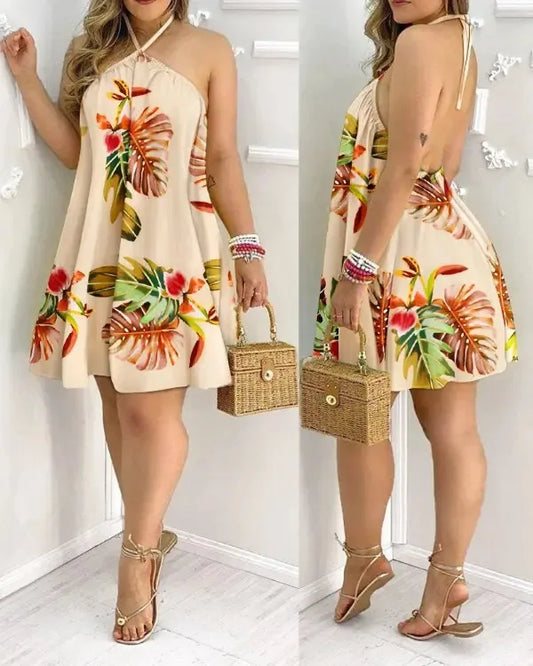 Vestido Tropical Primavera/Verão – Look Feminino de Festa com Decote Halter