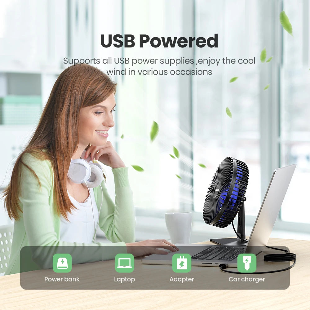 Ventilador de mesa GAIATOP USB – Ultra silencioso, 4 velocidades, resfriamento ajustável.