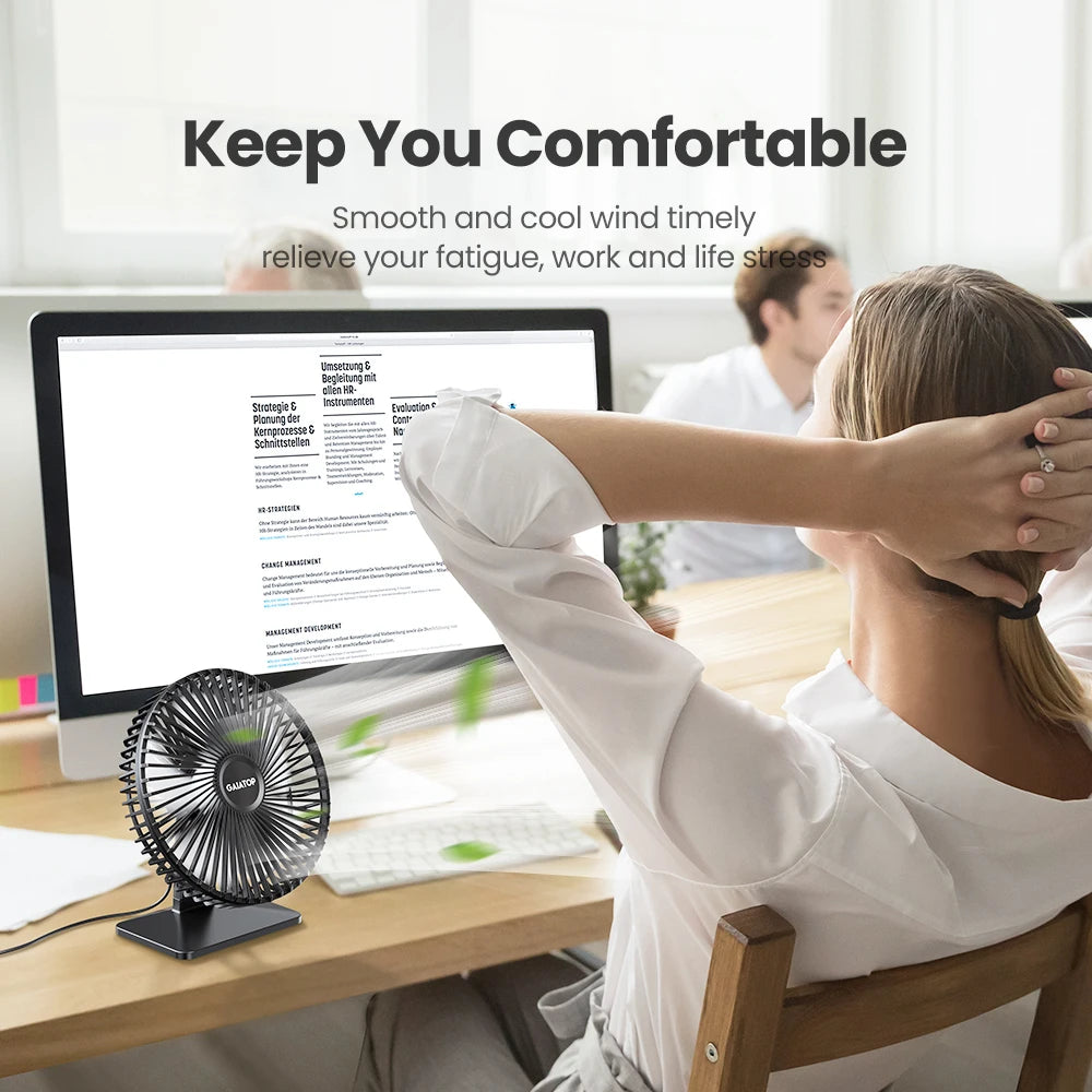 Ventilador de mesa GAIATOP USB – Ultra silencioso, 4 velocidades, resfriamento ajustável.
