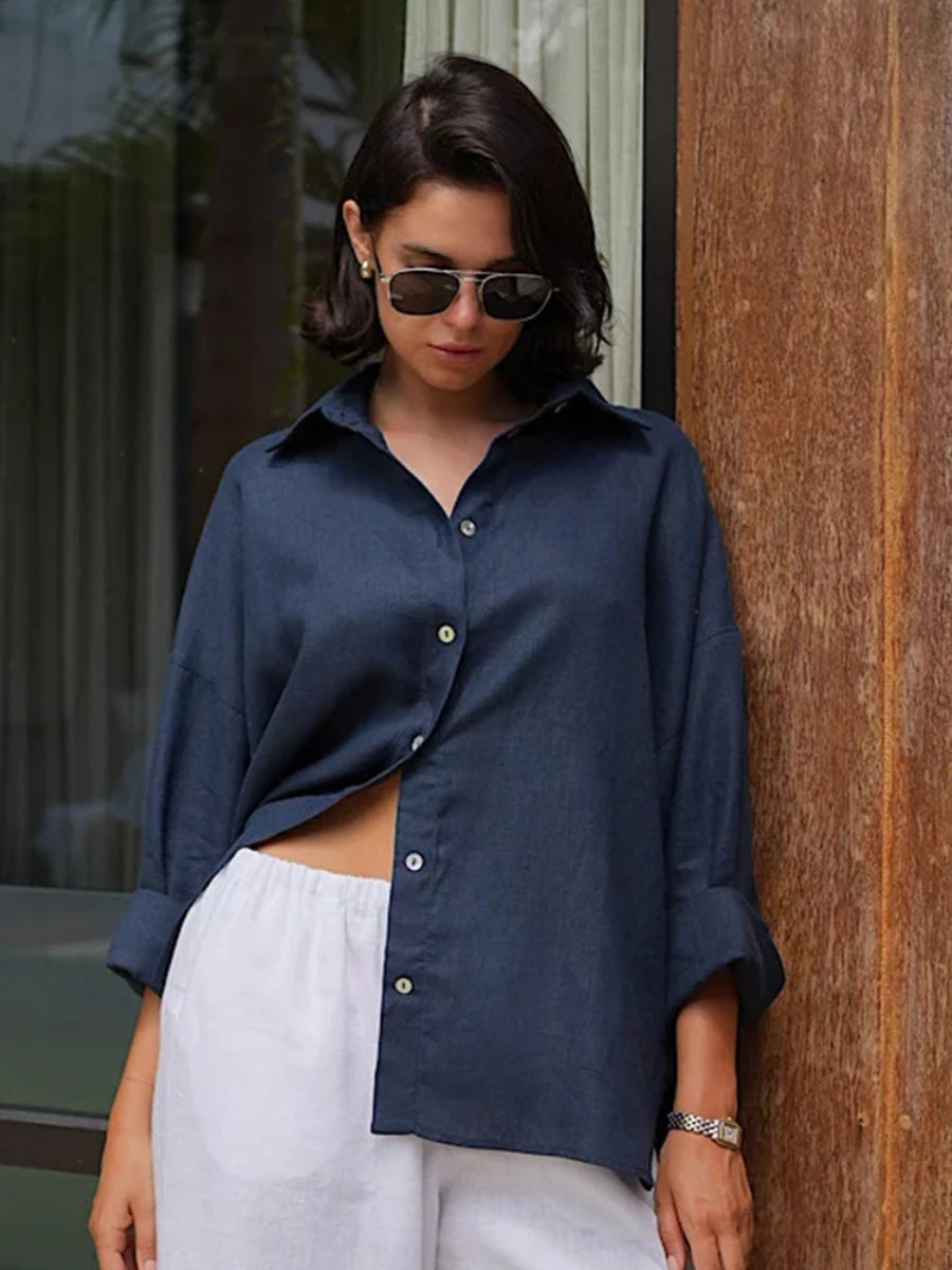 Camisa feminina folgada CottonEase – Cardigan casual primavera-verão