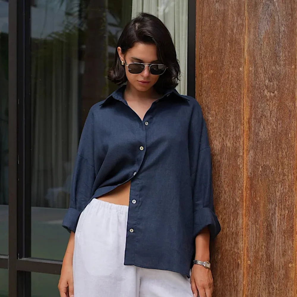 Camisa feminina folgada CottonEase – Cardigan casual primavera-verão