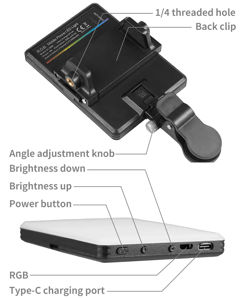Mini clipe de luz de preenchimento LED RGB – Iluminação compacta para vlogs, selfies e vídeos.