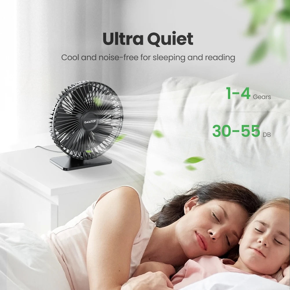 Ventilador de mesa GAIATOP USB – Ultra silencioso, 4 velocidades, resfriamento ajustável.