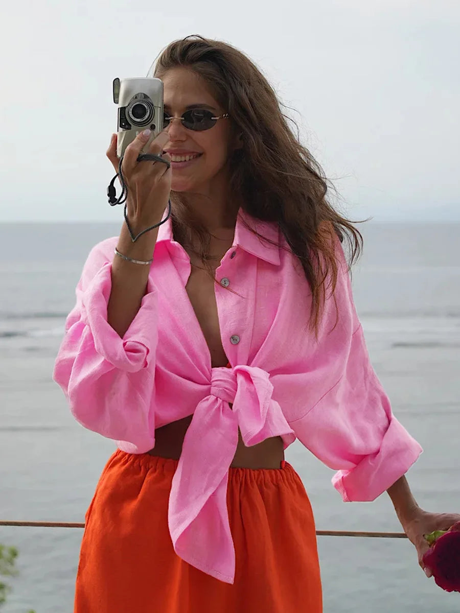 Camisa feminina folgada CottonEase – Cardigan casual primavera-verão