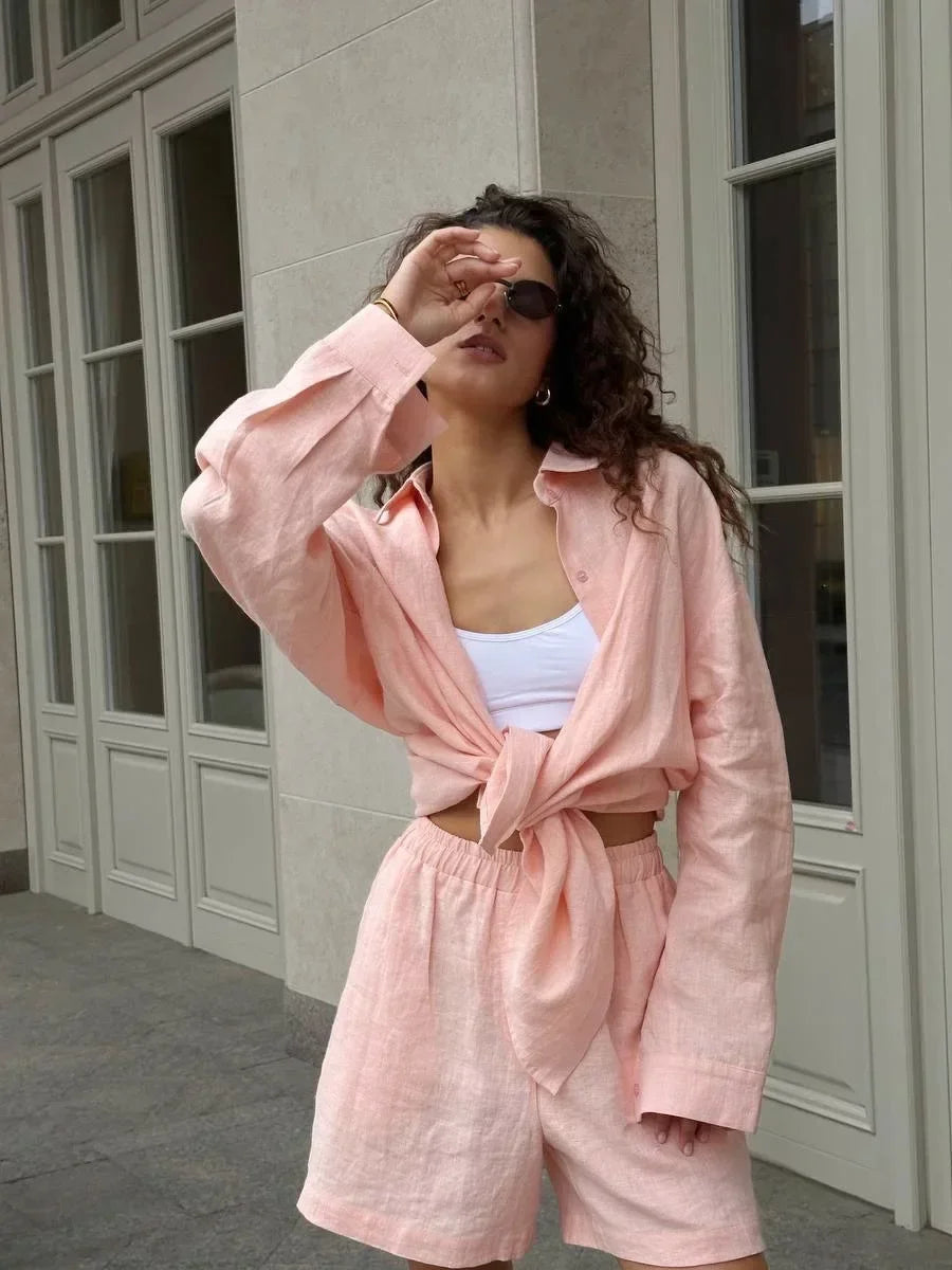 Conjunto de shorts de algodão feminino – Conjunto casual de verão de duas peças.
