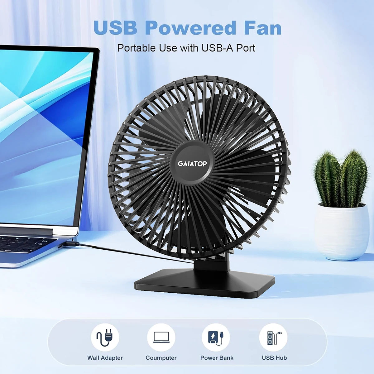 Ventilador de mesa GAIATOP USB – Ultra silencioso, 4 velocidades, resfriamento ajustável.