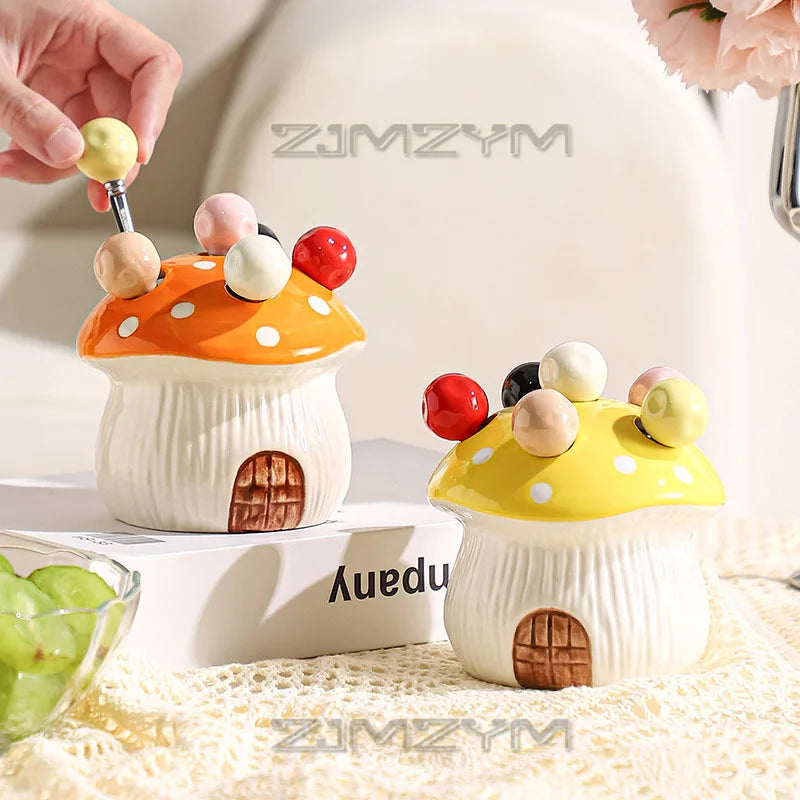 Porta-Garfos Cerâmica Cogumelo com 6 Garfinhos Inox – Toque Criativo para Servir Frutas e Doces