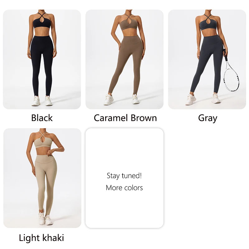 Conjunto de roupas esportivas femininas – top esportivo e shorts fitness.