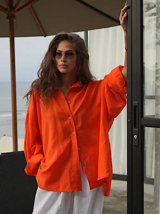 Camisa feminina folgada CottonEase – Cardigan casual primavera-verão