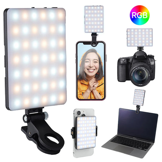 Mini clipe de luz de preenchimento LED RGB – Iluminação compacta para vlogs, selfies e vídeos.