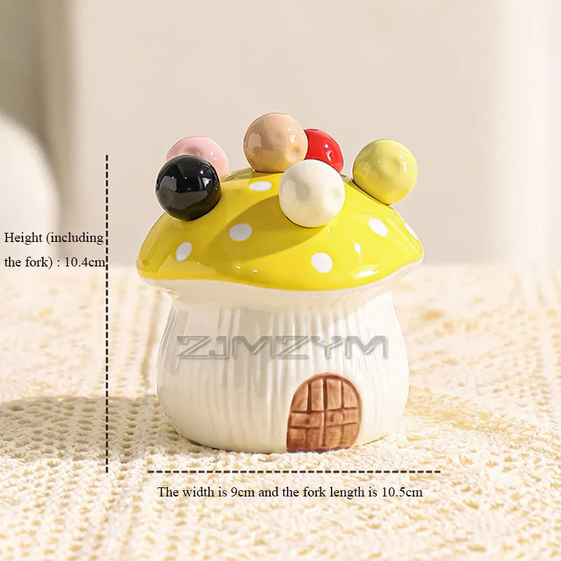 Porta-Garfos Cerâmica Cogumelo com 6 Garfinhos Inox – Toque Criativo para Servir Frutas e Doces