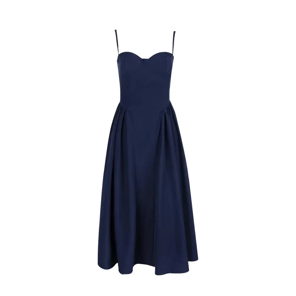 Vestido elegante de alças finas – azul marinho feminino estilo midi para festa.