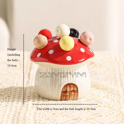 Porta-Garfos Cerâmica Cogumelo com 6 Garfinhos Inox – Toque Criativo para Servir Frutas e Doces
