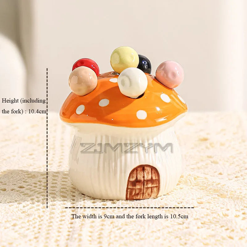 Porta-Garfos Cerâmica Cogumelo com 6 Garfinhos Inox – Toque Criativo para Servir Frutas e Doces