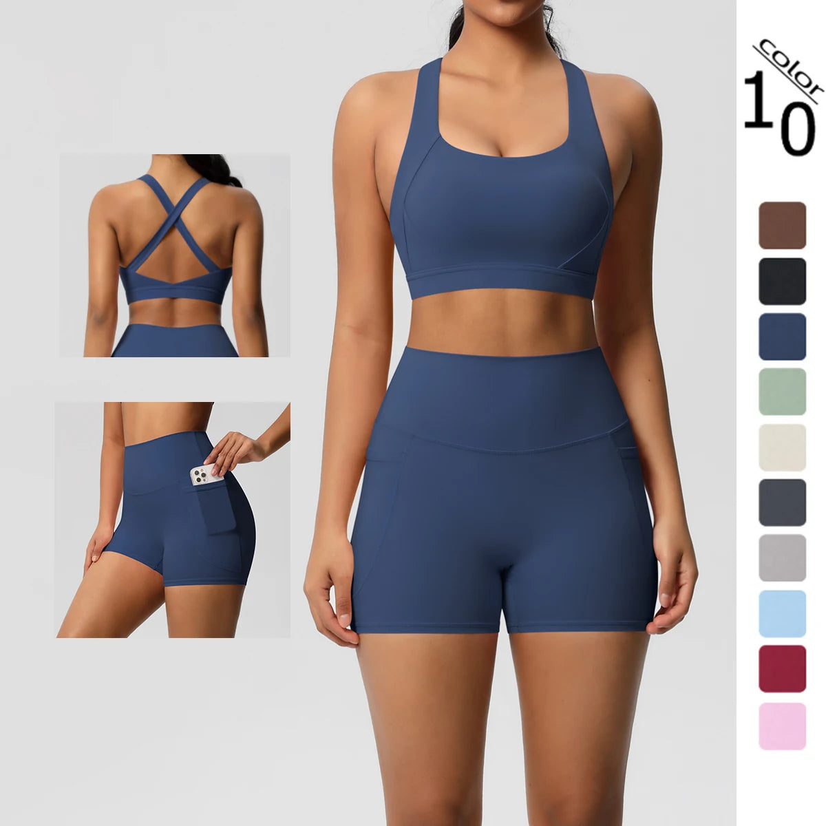 Conjunto Esportivo Feminino ActiveGrace – shorts, leggings e sutiã.