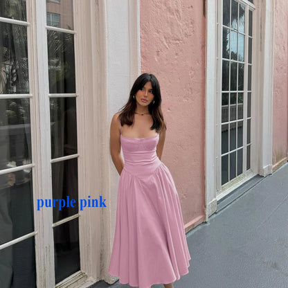 Vestido elegante de alças finas – azul marinho feminino estilo midi para festa.