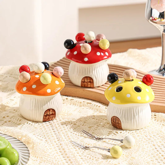 Porta-Garfos Cerâmica Cogumelo com 6 Garfinhos Inox – Toque Criativo para Servir Frutas e Doces